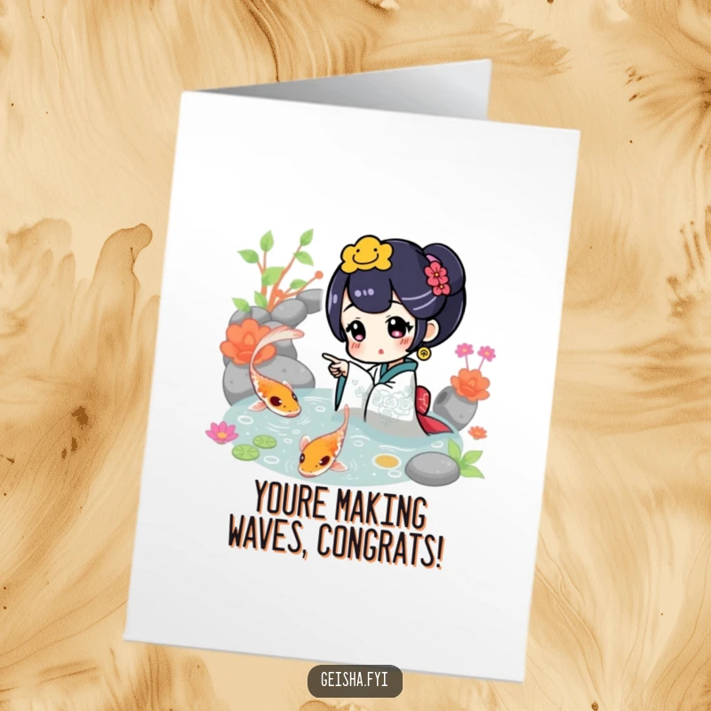 Funny Free Printable Congratulations Card: A geisha joyfully points out a stunning koi fish, symbolizing good fortune and success.