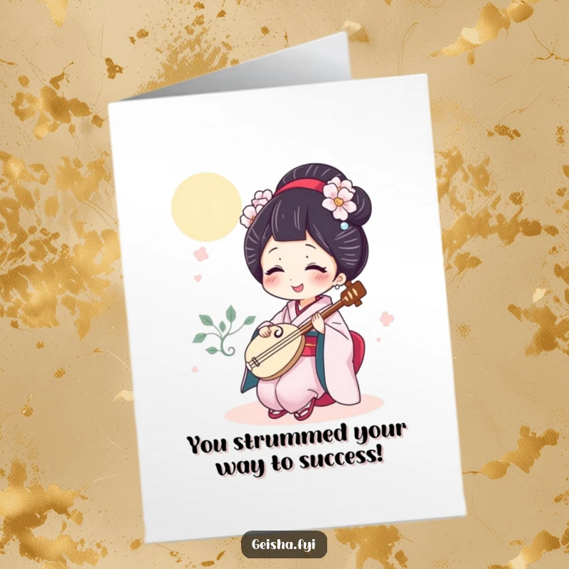 Funny Free Printable Congratulations Card: A geisha joyfully plays a tiny shamisen, celebrating your success.