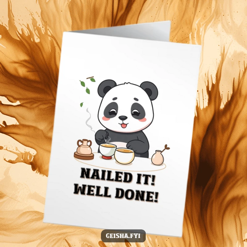 Funny Free Printable congratulations card showing a panda awkwardly trying to serve tea for a celebration.