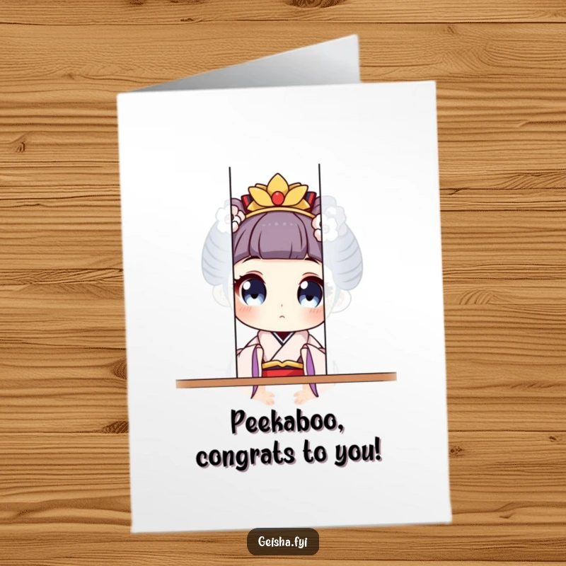 Funny free printable congratulations card featuring a geisha playfully peeking with wide eyes from behind a screen, celebrating success.