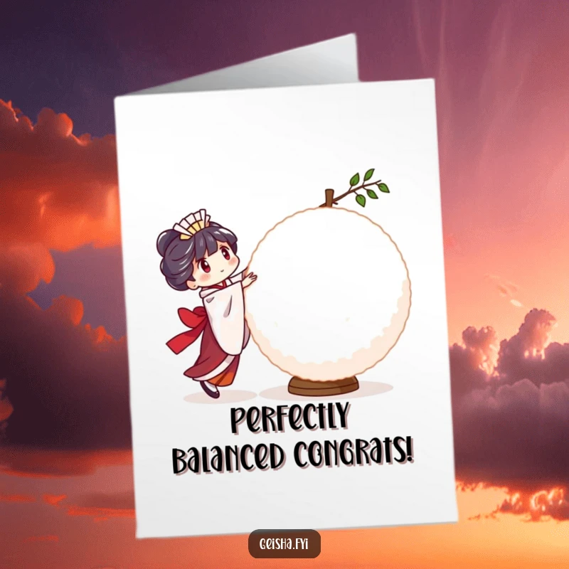 Funny Free Printable Congratulations Card: Geisha character attempting to balance a large, wobbly rice ball, celebrating success.