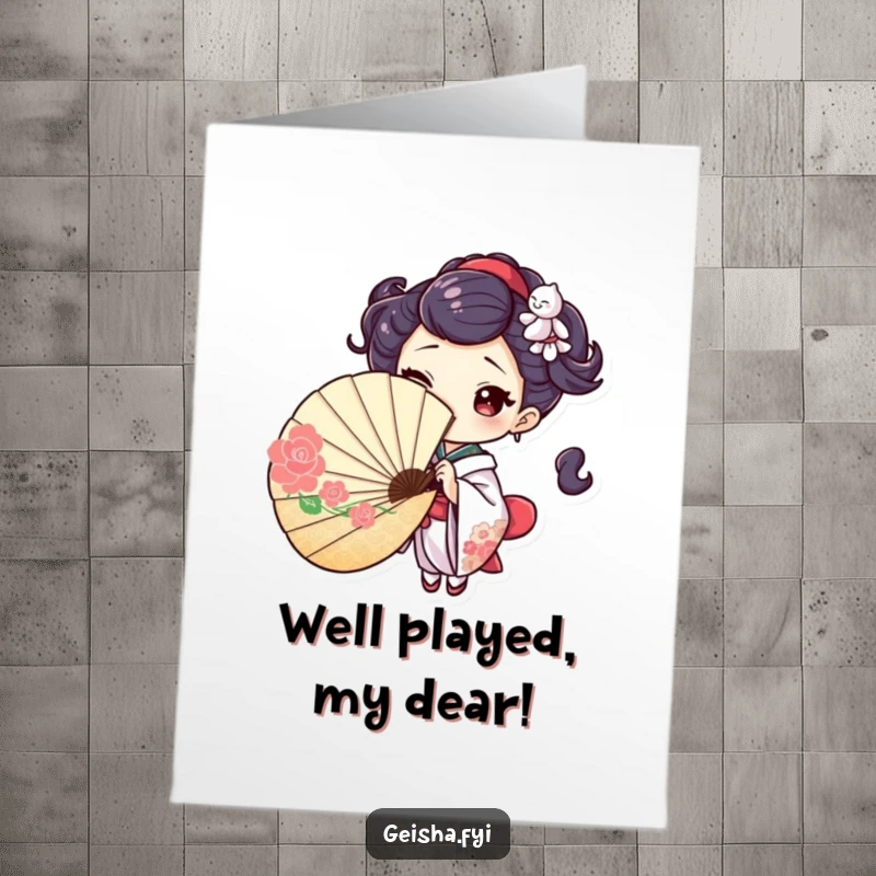 Playful Free Printable Congratulations Card: a geisha character winks from behind a fan, celebrating a success with a knowing look.