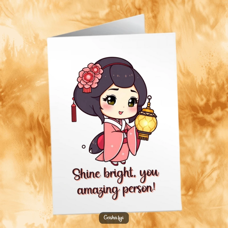 Funny Free Printable Congratulations Card: a geisha with a playful wink holds a shimmering lantern, celebrating success humorously.