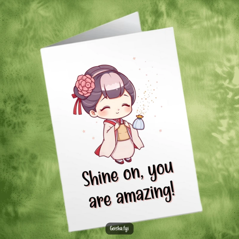 Printable Free Geisha Congratulations Card: Geisha playfully sprinkling glitter, a celebratory and funny way to congratulate.