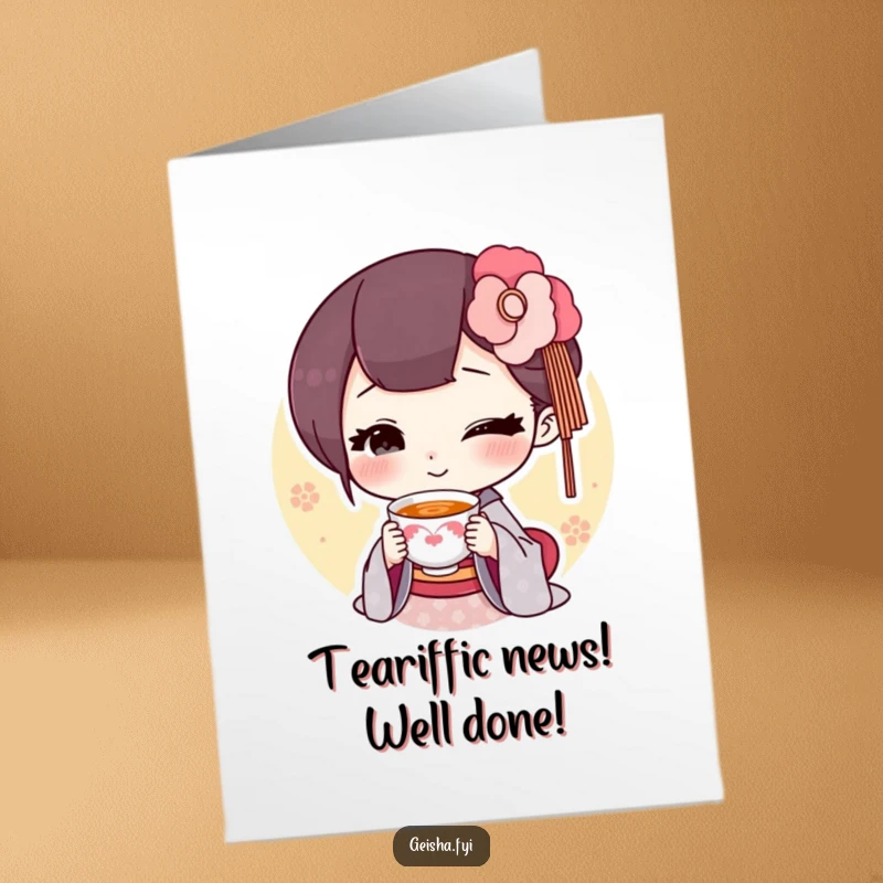 Funny Free Printable Geisha Congratulations Card: geisha offers a tiny smiling tea cup, a symbol of good wishes. Great DIY gift.