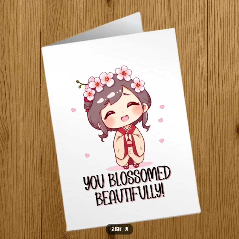 Funny Free Printable congratulations card: a geisha giggling as a cherry blossom gently falls on her head, celebrating success.