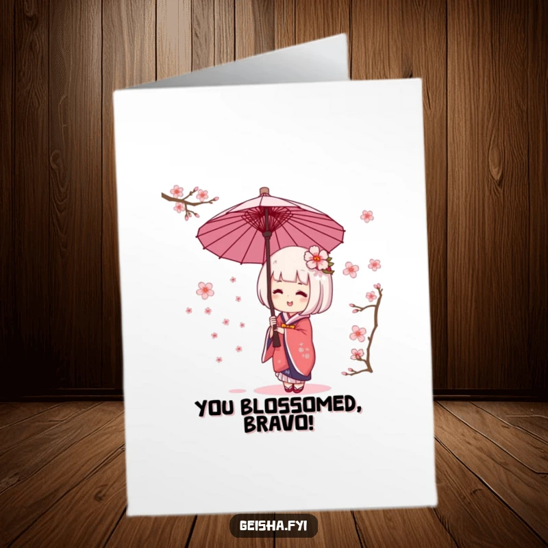 Funny Free Printable Congratulations Card: Giggling Geisha Umbrella character delightedly catching falling cherry blossoms, symbolizing good fortune.