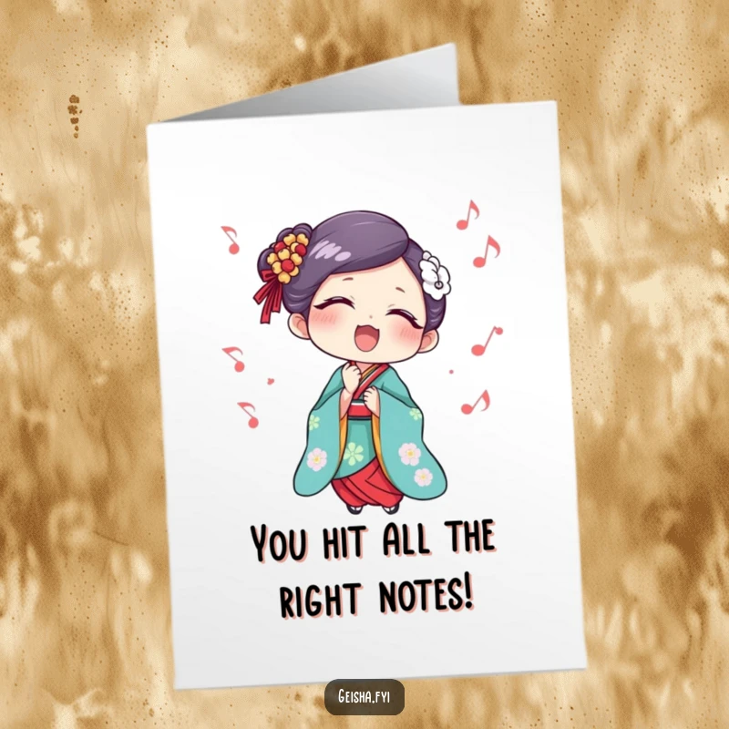 Funny Free Printable Geisha Congratulations Card: Geisha singing with delight, musical notes floating, celebrating success joyfully.