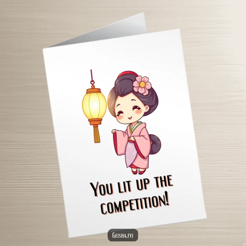 Funny Free Printable Congratulations Card: A smiling geisha holds a brightly glowing lantern, celebrating achievement.