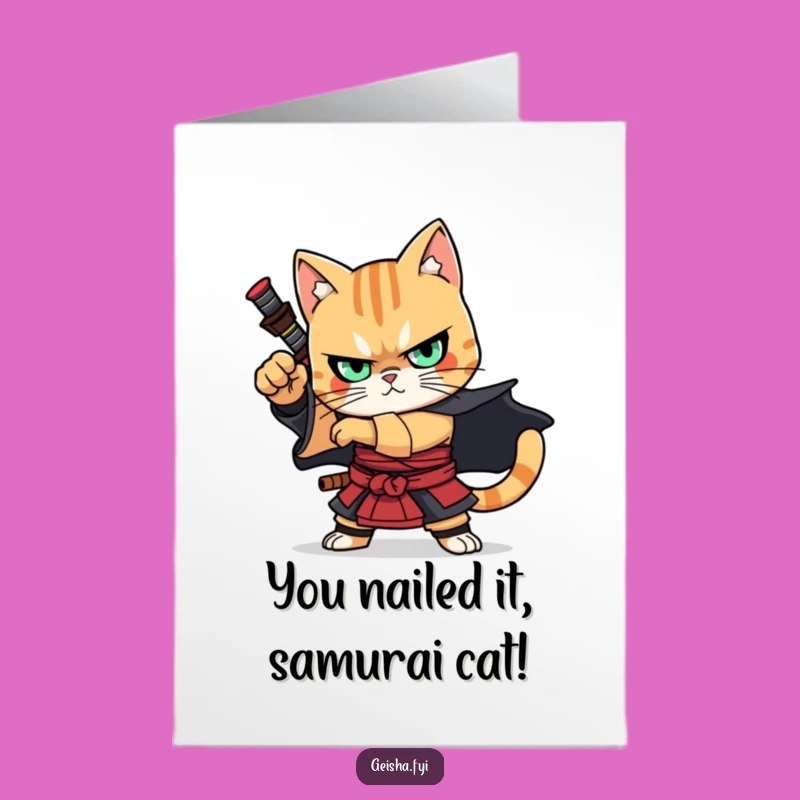 Free Printable Congrats Card: Samurai Cat Victory Pose, Downloadable Greeting for Accomplishments