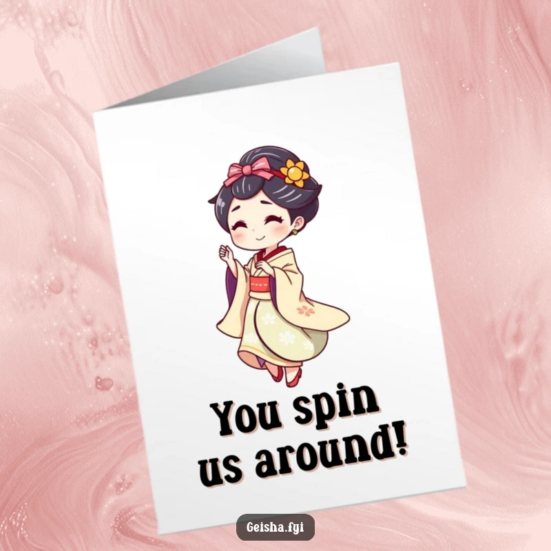 Funny Free Printable Geisha Congratulations Card, performing a playful spin with a flourish, celebratory downloadable art.