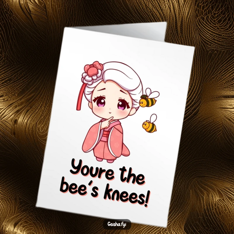 Funny Free Printable Geisha Congratulations Card. A geisha character amusingly points at a small, buzzing bee, capturing a moment of shared wonder.
