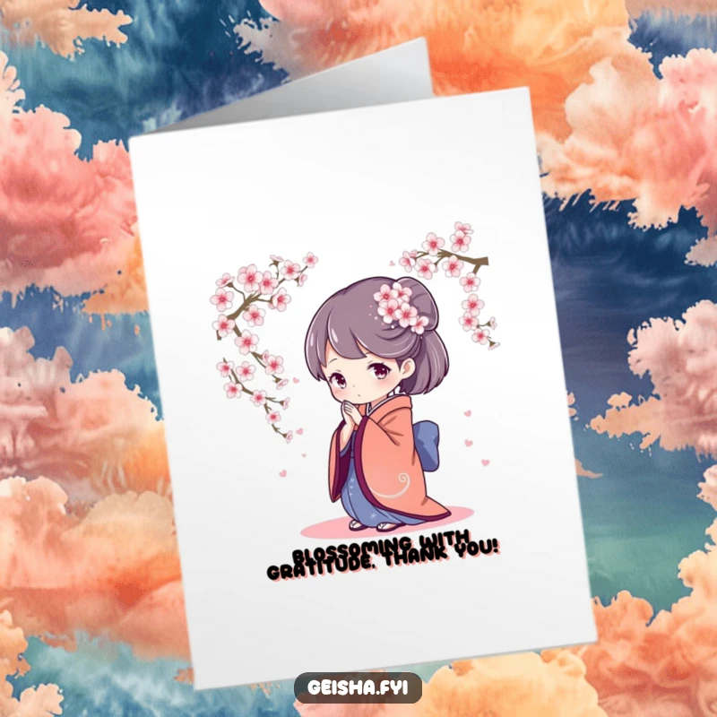 Elegant Free Printable Thank You Card: a geisha character bows gracefully with falling cherry blossoms, expressing deep thanks.