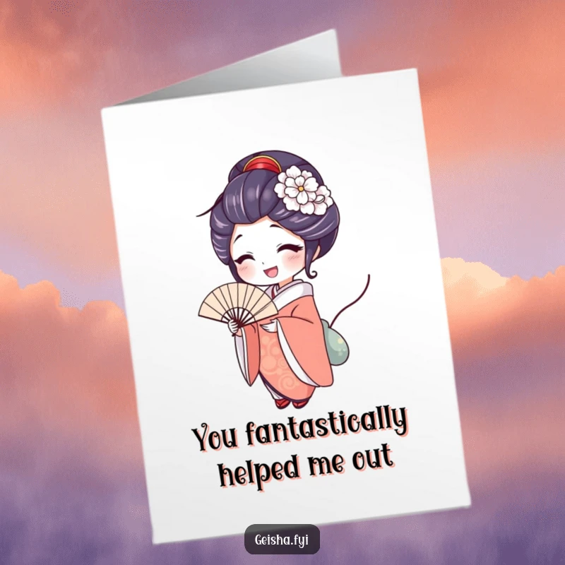 Funny Free Printable Thank You Card: A geisha smiles with delight, holding a fan, conveying thanks.