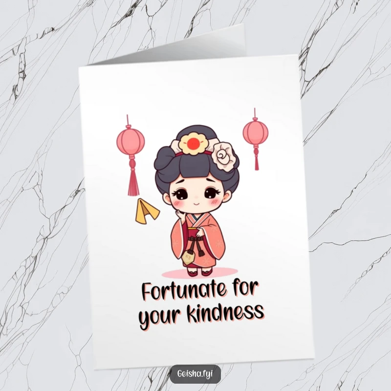 Funny Free Printable Geisha Thank You Card: Geisha character happily tossing a fortune cookie, showing gratitude with playful humor.