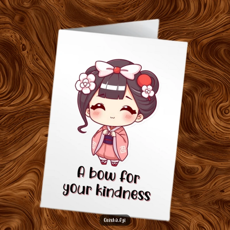 Funny free printable thank you card of a happy geisha offering a delicate, smiling bow, making your thanks both graceful and humorous.