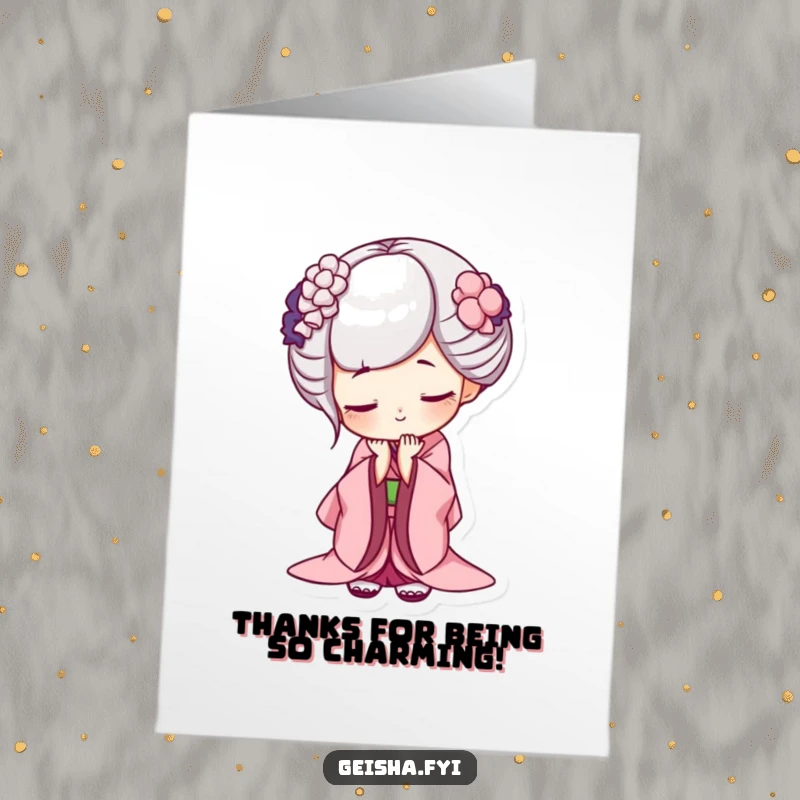 Funny Free Printable Geisha Thank You Card: Geisha bows with a mischievous grin, a charmingly funny way to say thanks.