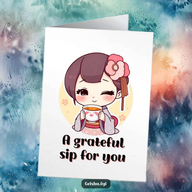 Funny Free Printable Geisha Thank You Card: geisha presents a tiny smiling tea cup, conveying thanks. Ideal DIY gift.