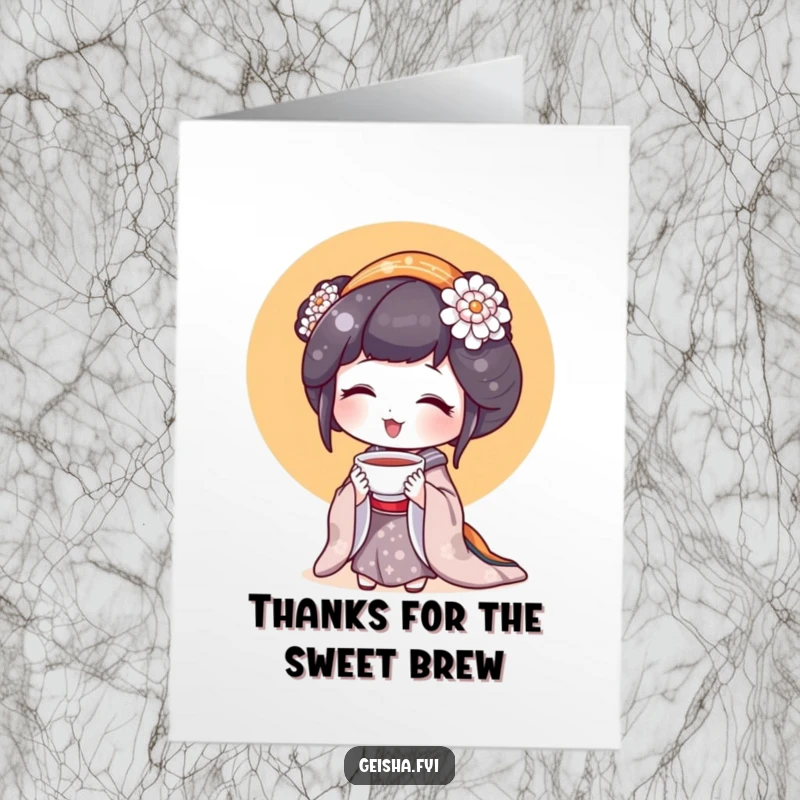 Funny Free Printable Geisha Thank You Card: A geisha admires a tiny teacup, expressing delightful thanks.
