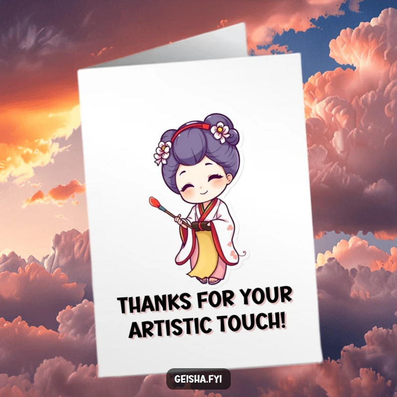 Funny Free Printable thank you card showing a joyful geisha character dabbing paint onto a tiny scroll, expressing thanks with creative elegance.