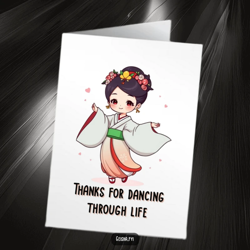 Funny Free Printable Thank You Card: a geisha dances with infectious joy, her flowing sleeves creating a beautiful spectacle.