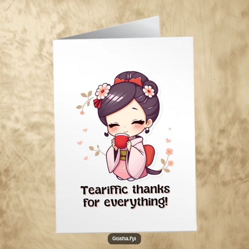 Cute Free Printable Thank You Card: Smiling geisha character elegantly sips tea, conveying heartfelt thanks with a peaceful demeanor.