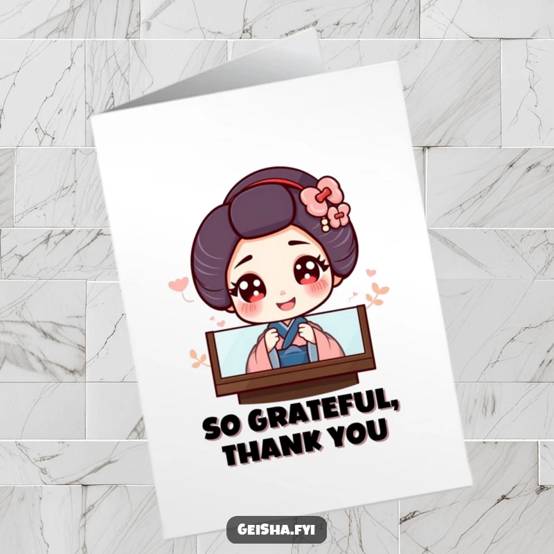 Funny Free Printable Thank You Card: A geisha with large, joyful eyes giggles as she peeks from behind a screen.