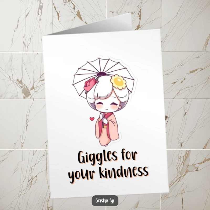 Funny Free Printable Thank You Card: Geisha character with a rosy blush, giggling behind an umbrella, expressing thanks sweetly.