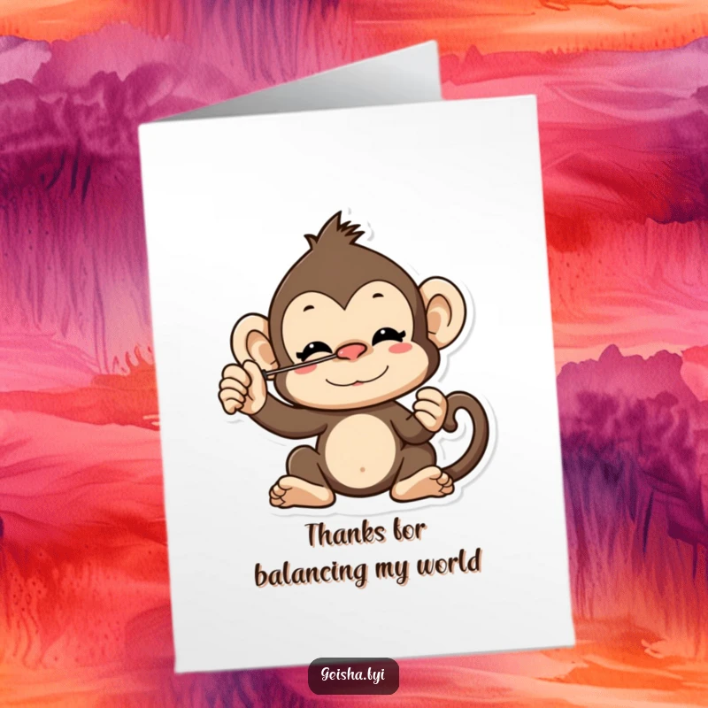 Funny Free Printable Thank You Card: a cheeky monkey character balancing a fan, conveying playful thanks.