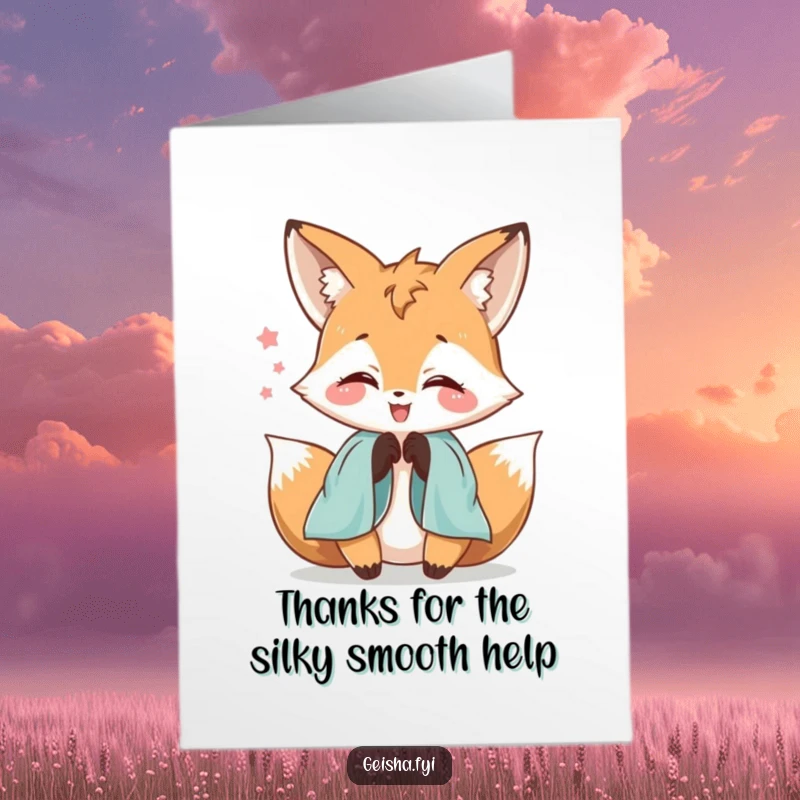 Funny Free Printable Thank You Card: a delighted fox character fumbling with silk sleeves, conveying playful thanks.