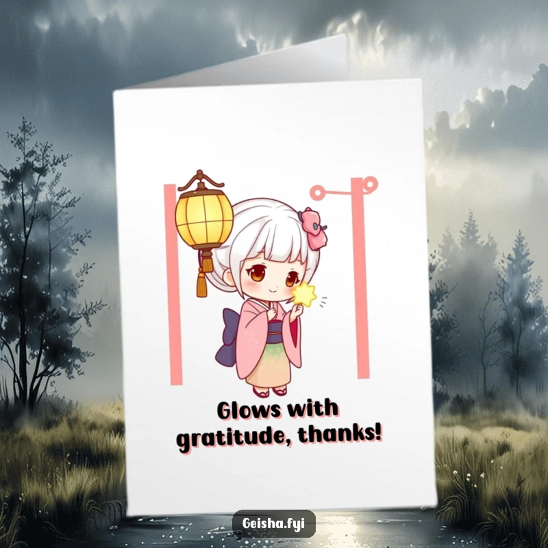 Funny free printable geisha thank you card, curious geisha looking at a lantern, humorous gratitude art.
