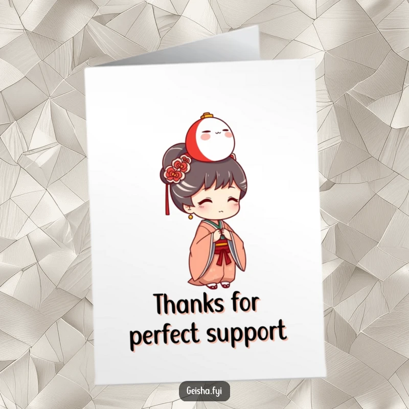 Funny Free Printable Geisha Thank You Card: Geisha balancing Daruma doll, expressing thanks with a playful pose.
