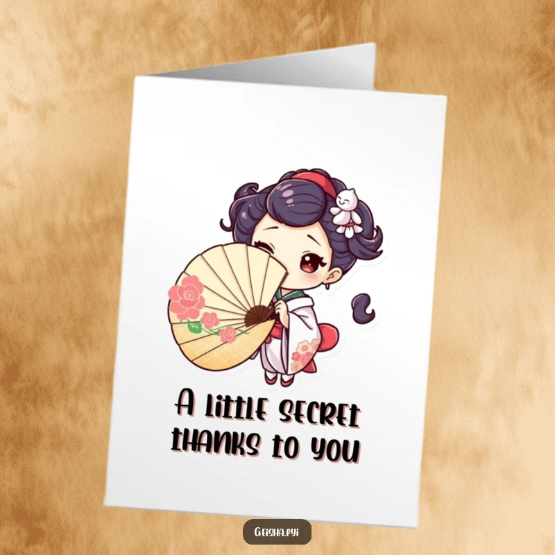 Playful Free Printable Thank You Card: a geisha character peeks from behind a fan, winking to express thanks.