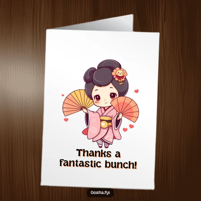 Funny Free Printable Thank You Card: a cute geisha with rosy cheeks gracefully throws a colorful fan as a thank you gesture.