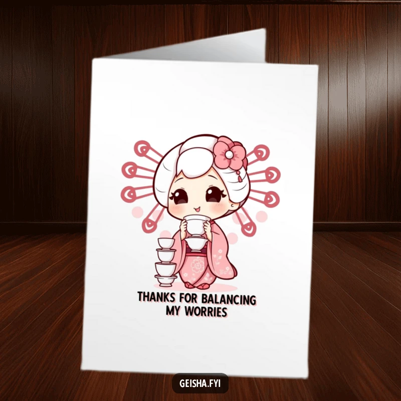Funny free printable thank you card featuring a geisha with amazing balance, holding a precarious stack of tiny teacups, a unique gift.