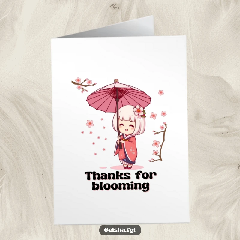 Funny Free Printable Thank You Card: Giggling Geisha Umbrella character joyfully collecting falling cherry blossoms as a thank you.