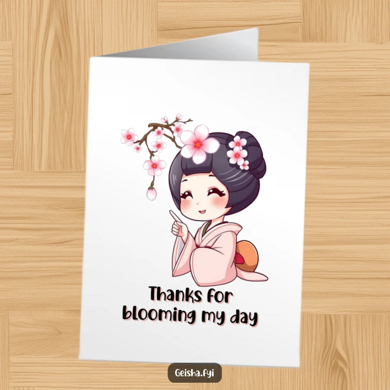 Free printable thank you card with a geisha smiling warmly, pointing at a delicate falling cherry blossom, expressing heartfelt thanks.