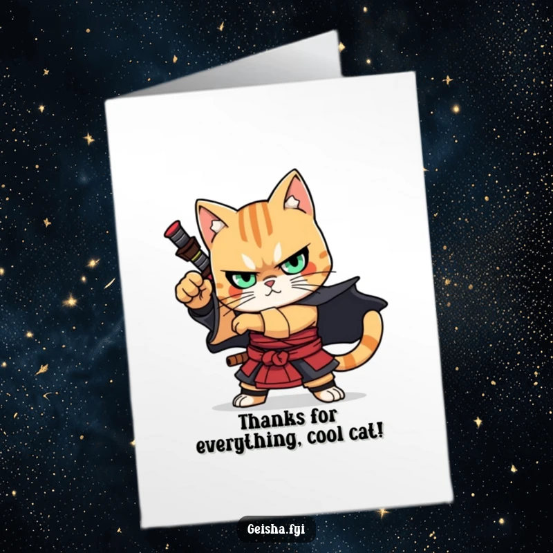 Funny Free Printable Thank You Card: A samurai cat character in a stoic, dramatic pose, conveying deep thanks.