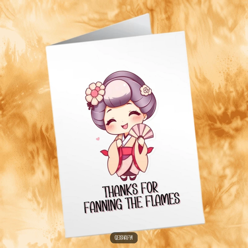 Funny Free Printable thank you card: a cute geisha with a wide smile playfully fanning herself, expressing heartfelt thanks.
