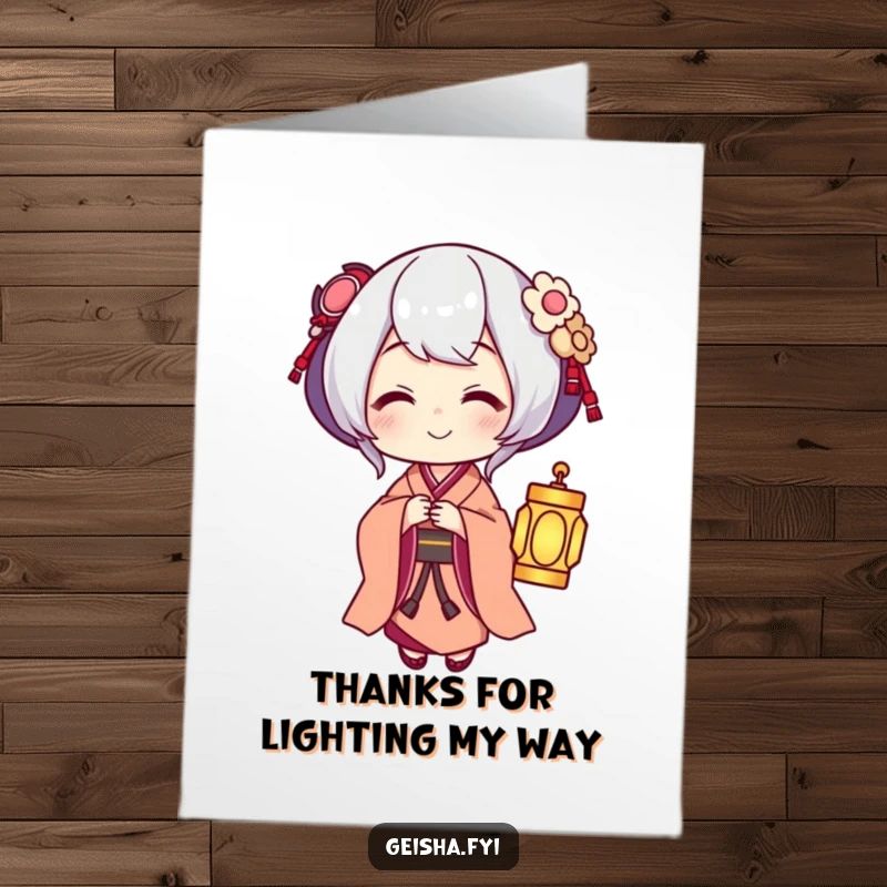Funny Free Printable Geisha Thank You Card, offering a glowing lantern with a kind smile, thankful downloadable art.