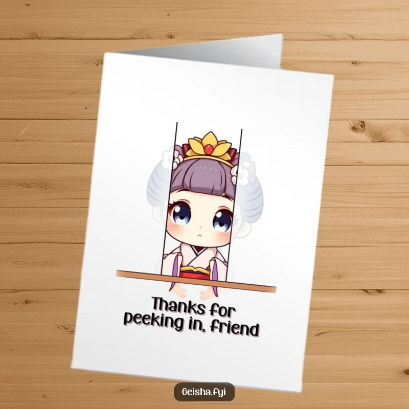 Humorous free printable thank you card with a geisha's curious eyes peeking from behind a screen, a charming downloadable note.