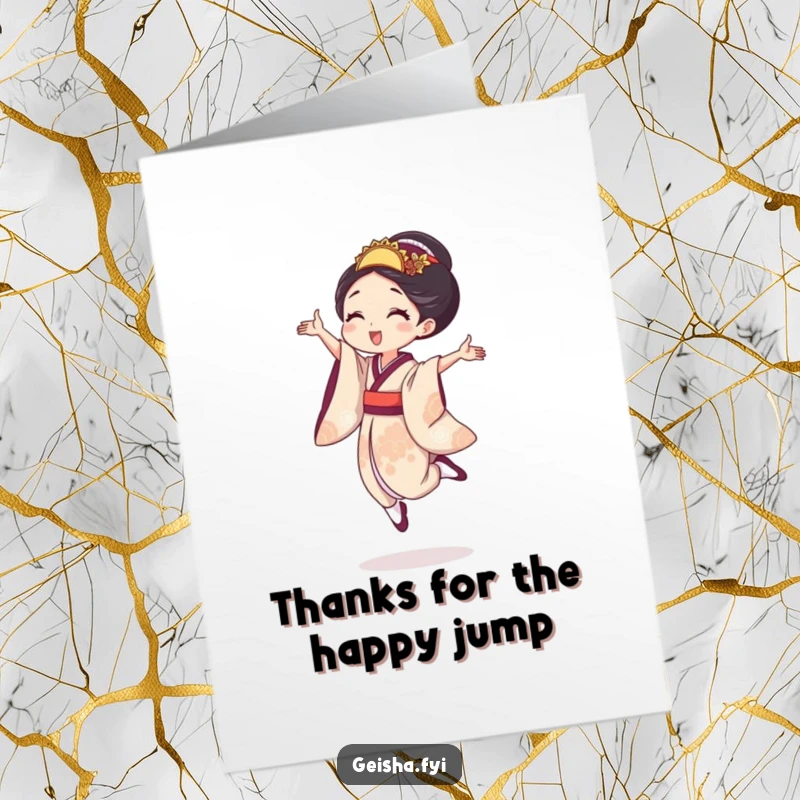 Funny Free Printable Thank You Card: A geisha performs a small, joyful leap, conveying happy thanks.
