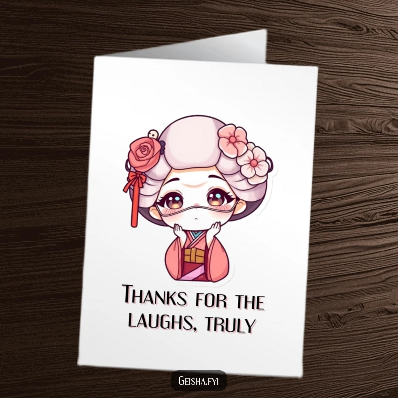 Funny Free Printable Thank You Card: A geisha character pulling a silly funny face while sporting a delicate, elegant mask. Downloadable fun.