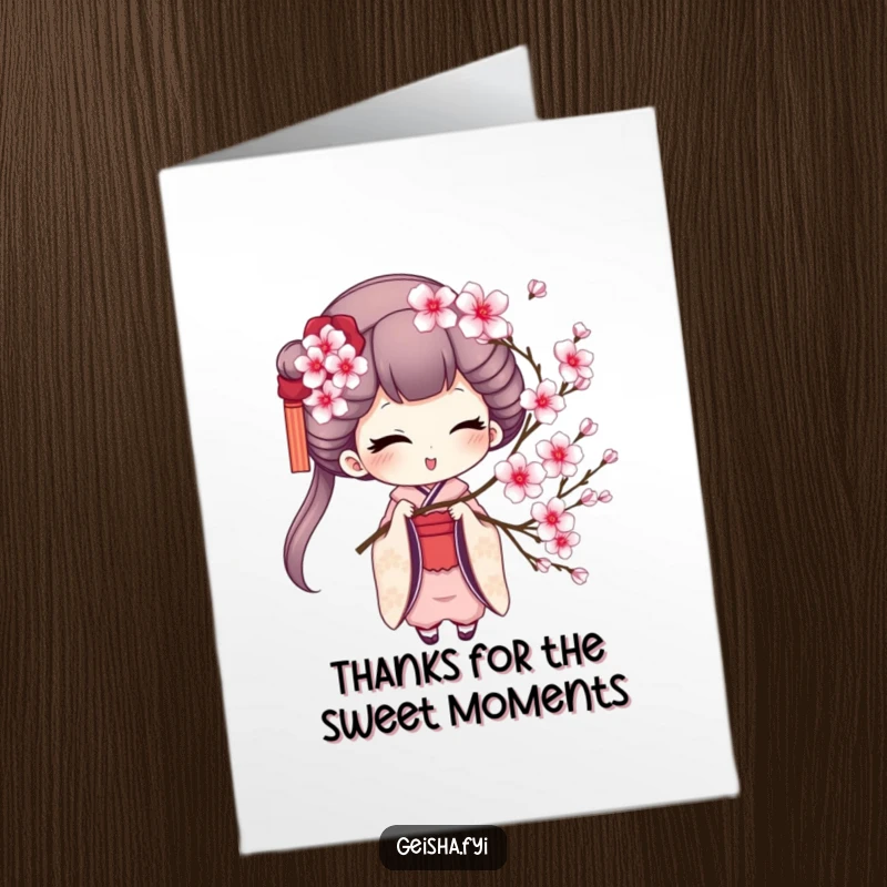 Funny Free Printable Thank You Card: A geisha character winking charmingly, holding a delicate cherry blossom sprig. Downloadable fun.