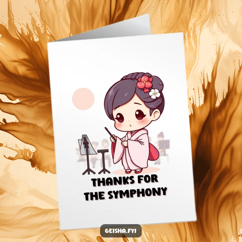 Funny Free Printable Geisha Thank You Card, conducting an invisible orchestra with focus, thankful downloadable art.