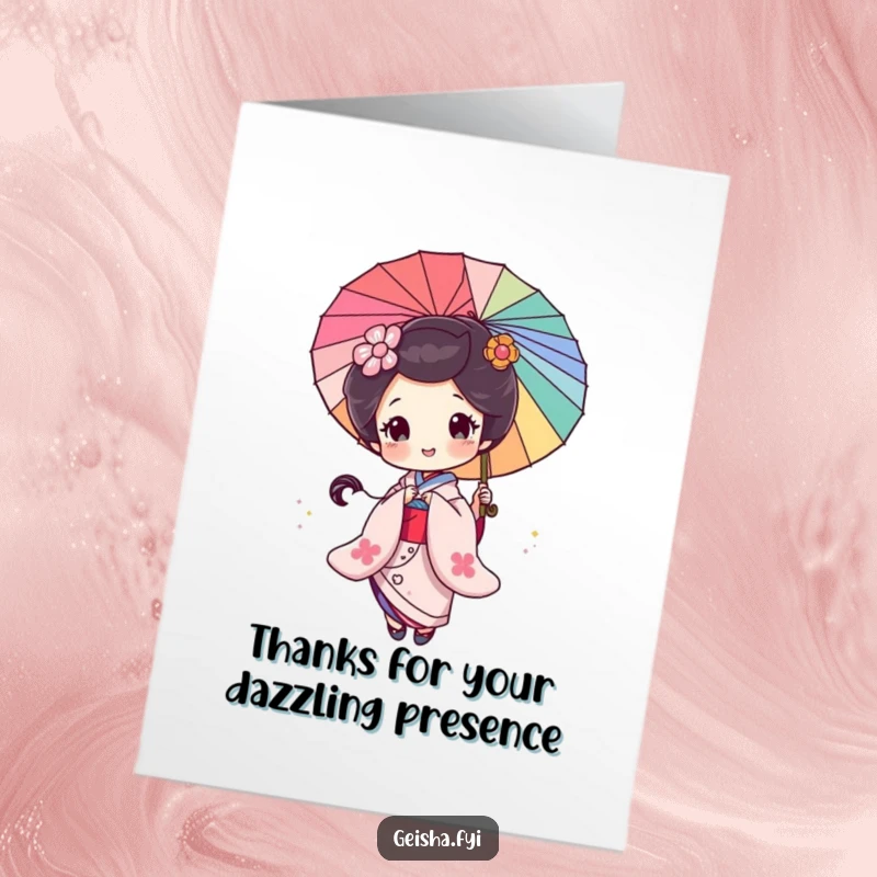 Funny Free Printable Geisha Thank You Card: A geisha happily twirls a glitter-filled parasol, expressing warm thanks.
