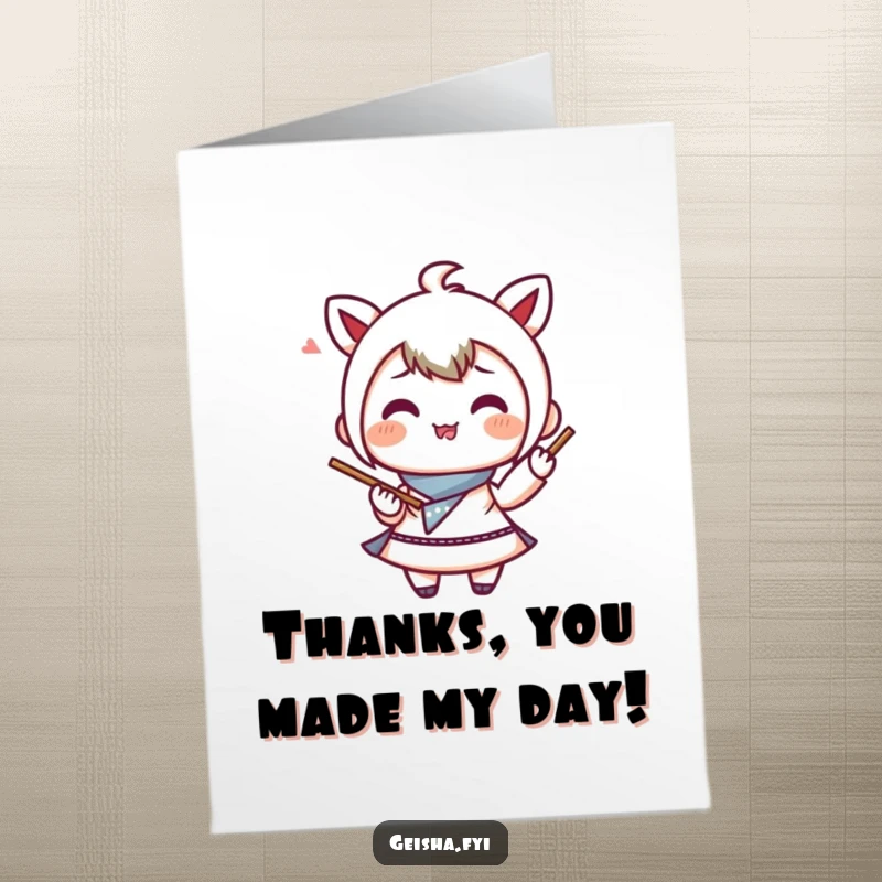Funny Free Printable Thank You Card: A gleeful bento box character juggling chopsticks, expressing thanks with a cheerful demeanor.