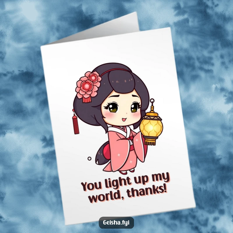 Funny Free Printable Thank You Card: a geisha playfully winks while holding a shimmering lantern, a thankful gesture.