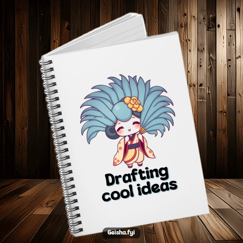 Funny geisha fan notebook cover showing character fanning with a huge feather. Ideal for journaling playful thoughts.