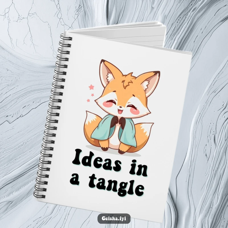 Funny delighted fox character notebook playfully fumbling with silk sleeves, perfect for notes, doodles, and capturing whimsical ideas.